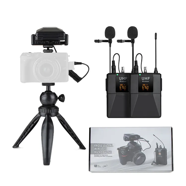 Hệ Thống Micro Không Dây UHF Dual Channel Microphone Không Dây Set Với 2 Tai Nghe Amp 2 Ve Áo Lavalier Microphone