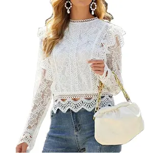 Women Summer Hollow Out White Lace Organza Ruffles Mesh Woman Tops Fashionable Blouses