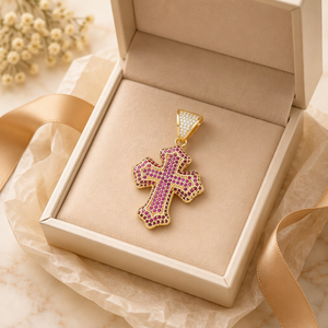14 Ayar Altın Kaplama Pirinç Takı Bling Pembe CZ Mikro Taşlı Haç Kolye Hiphop Hristiyan Haç Kolye Kadın Erkek İçin Zincir Yok - Product Image 6