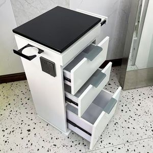 Chariot de salon minimaliste blanc DM avec dessus noir, 3 tiroirs, mobilier commercial en plastique - Product Image 4