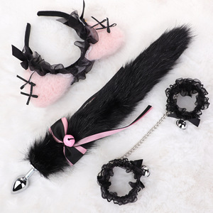 Ensemble de bondage pour chatte sexy SM avec queue de renard, plug anal, bandeaux d'oreilles de chat, collier en dentelle avec cloche, pince pour les tétons, jeu de rôle - Product Image 2
