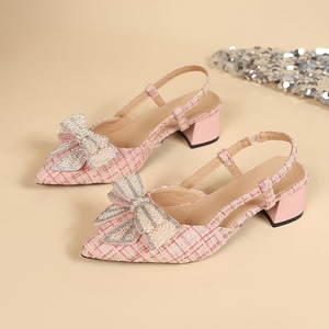 Zapatos de Tacón Grueso con Tela a Cuadros para Mujer, con Lazo de Pedrería Brillante, Zapatos de Fiesta - Product Image 4