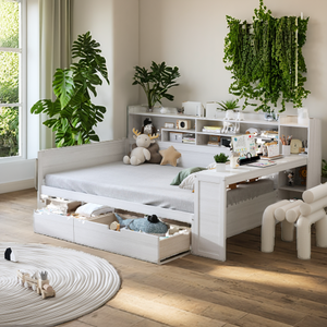 Lit double moderne en bois massif écologique, taille Queen, avec étagères de rangement, deux tiroirs et bureau d'étude pour chambre à coucher - Product Image 2