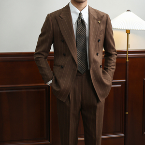 Ensemble de <span class=keywords><strong>costume</strong></span> pour <span class=keywords><strong>homme</strong></span> à rayures fines, croisé, pour affaires et mariages, revers pointus, style vintage Old Money, coupe ajustée, ensemble de <span class=keywords><strong>costume</strong></span> haut de gamme - Product Image 3