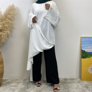 6809+1434#B Abaya Manufacturer ChaomengFashion Solid Color Slit Sides Modesty Closed Abaya Matching Pocket Pant Two Pieces <b>Set</b> - Product Image 2