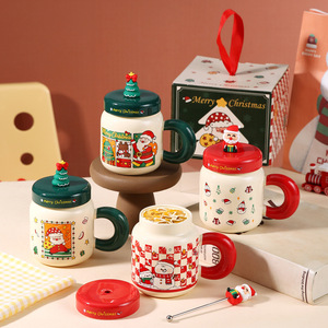 Nieuwe aanwinst: 410ml Keramische Kerstmok met deksel en lepel, schattig Santa Sneeuwpop koffiemok set met luxe cadeauverpakking - Product Image 1