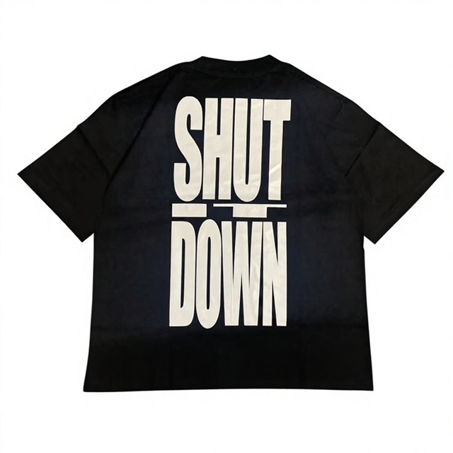 High Street Streetwear T-Shirt Men Black Oversized Graphic Tee Shut Down Letter Print Cotton Vintage Hip Hop Short Sleeve Top