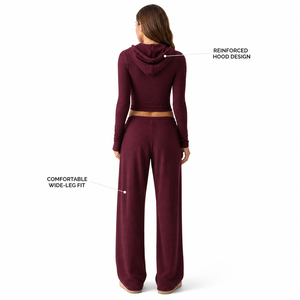 Charlo Women Premium Waffle <b>Lounge</b> Set Cropped Zip-up Hoodie <b>Wide</b>-<b>leg</b> <b>Pants</b> Textured Knit Wholesale Custom OEM Bulk - Product Image 3
