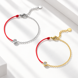 สร้อยข้อมือเพทายสีแดง สายสแตนเลสชุบทอง 14K ดีไซน์ครึ่งโซ่พร้อมหินกลมใส - Product Image 1