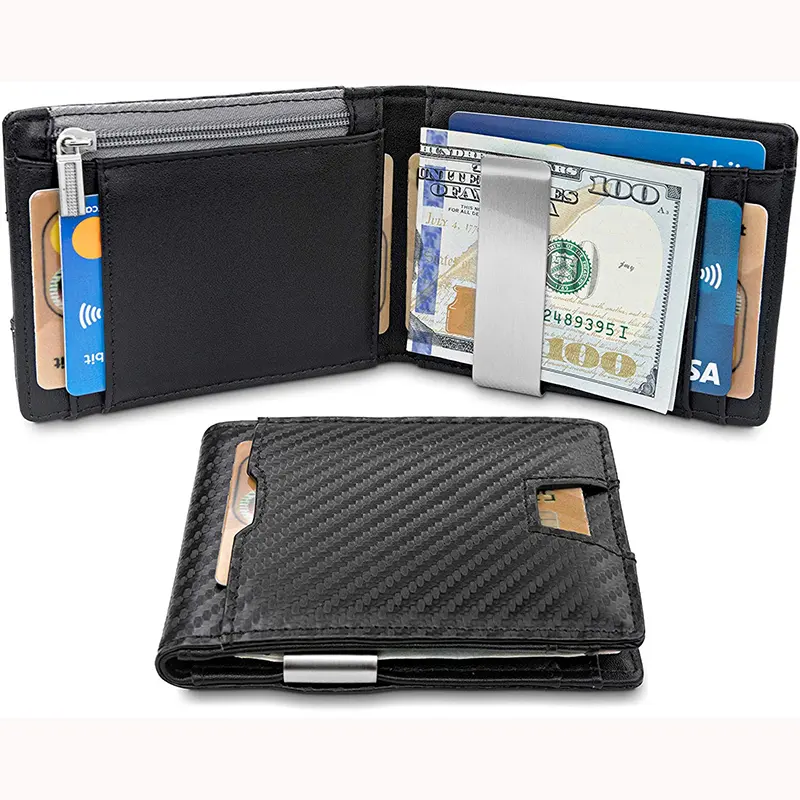 Carbon fiber card holder Bifold Wallet with Coin compartment RFID Block Minimalist Mens Mini Slim Money Clip