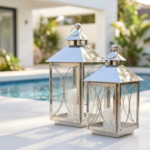 Faroles de Vela Hechos a Mano de Acero Inoxidable con Forma de Cabaña para Decoración del Hogar y Patio - Product Image 1
