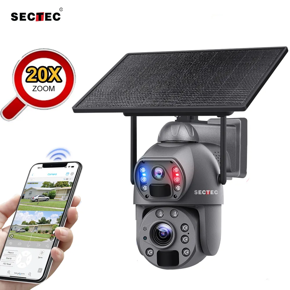 Sectec 6MP PIR con người PTZ Zoom 20x ống kính kép máy ảnh PTZ mạng 4G Thẻ Sim 10W 20000 mAh pin năng lượng mặt trời máy ảnh