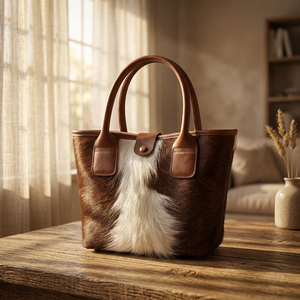 Sac fourre-tout élégant pour femme en cuir véritable, motif bicolore en cuir de vachette à poils, fermeture éclair, double poignée, usage quotidien, polyester - Product Image 3