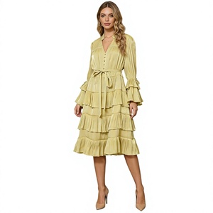 Vestido Midi Elegante de Manga Larga con Cuello en V y Mangas Abullonadas, Estilo Francés, Transpirable, Color Sólido, Nueva Colección Primavera 2026 para Mujer - Product Image 2