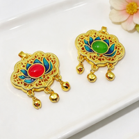 Breloque en forme de lotus ajourée émaillée, plaquée cuivre antique, nouveau style chinois, avec clochettes, pour la création de colliers et de bijoux DIY