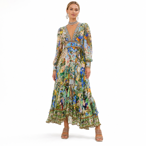Abito <span class=keywords><strong>Lungo</strong></span> da Donna con Scollo a V, <span class=keywords><strong>Maniche</strong></span> a Lanterna, Stampa Floreale di Lusso, in Chiffon, Stile Boho Chic Elegante - Product Image 1