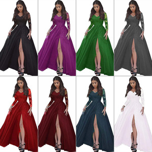 Evening Dress Long A-Line Chiffon Lace Sweetheart Neckline Slit Empire Waist Solid Color Formal Party Dress Adult Women - Product Image 1