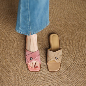 Casual <b>Open</b>-Toe Flat Metal Solid-Color Women's One-Piece Slip-On Soft-Sole Genuine Leather Ankle-Wrap Trend Evergreen - Product Image 2