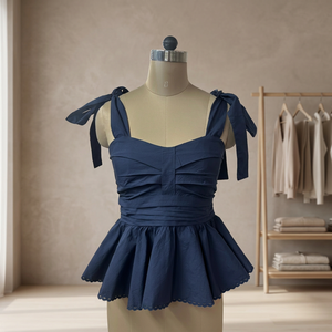 Blusa de Popelina Elástica de Algodón para Mujer, Asimétrica, con Volantes y Tirantes Cruzados en los Hombros |   Fabricante OEM y ODM Personalizado - Product Image 3