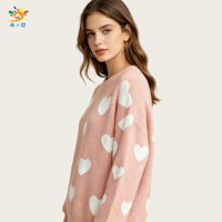 AJB Wholesale Pull en viscose tricoté anti-boulochage pour femme, col rond, manches longues, imprimé cœurs, coupe ample, Fournisseur OEM