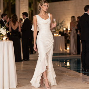 Robe longue moulante asymétrique en mousseline à col bénitier sans manches pour femme, avec ourlet à volants, infroissable, idéale pour les occasions décontractées, les fêtes ou les mariages. - Product Image 2