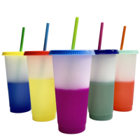 24oz 700ml Gobelets réutilisables en PP Gobelets en plastique froid à couleur changeante avec pailles