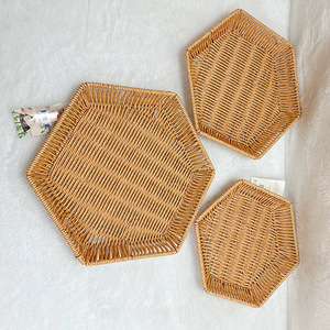 Rattan Hexagonal Snack Trays Brown Yellow Geometric Design Restaurant Serving Platters <b>Storage</b> <b>Baskets</b> Fruit Plates - Product Image 1
