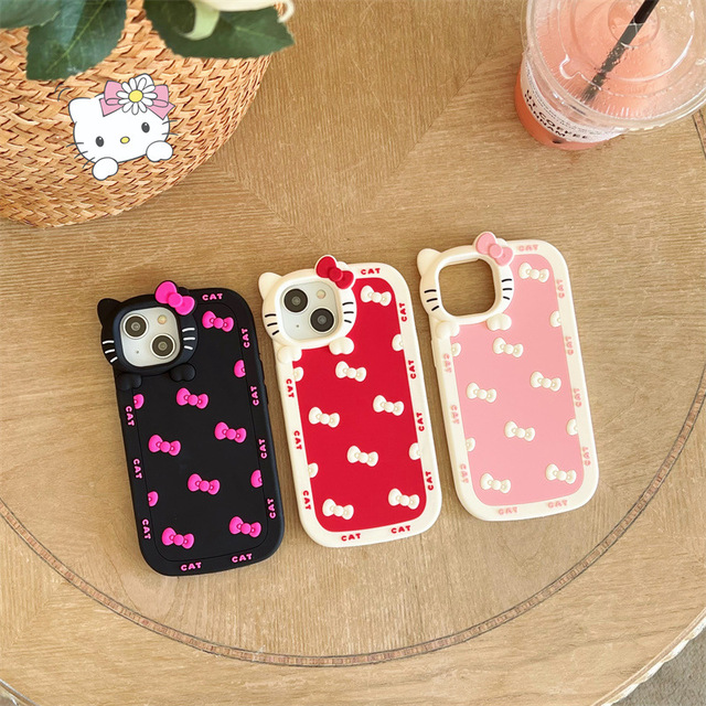 Bow Cat Cartoon Soft Shell Phone Back Cover Silicone Phone case Works with Phone 16 15 14 13 12 Pro Max 11