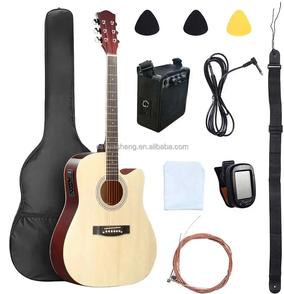 Huasheng, заводская цена, 41-дюймовый музыкальный инструмент, комплект акустической гитары с усилителем для игрока