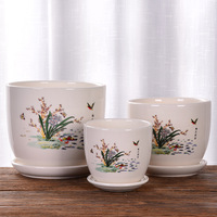Set 3 buah Pot Bunga dan Vas Keramik Putih Berlapis Glasir Lukis Tangan Desain Cina Murah untuk Rumah dan Taman