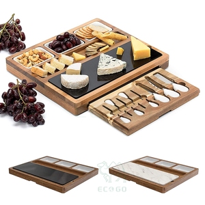 Tabla de queso con 7 cubiertos de acero inoxidable Tabla de charcutería de madera de acacia con cajón, 3 cuencos de cerámica, mármol de doble cara - Product Image 1