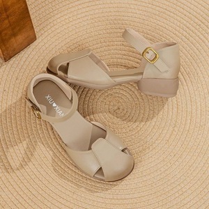 Women's Summer Sandals Mid Heel 3 5Cm Tpr Sole Top Grain Cowhide Solid Color One Word Toe Comfortable Breathable Non Slip - Product Image 5