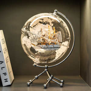 Transparent <b>Globe</b> Ornament with LED <b>Light</b> Sailing Ship Metal Stand Home Office Desk Decor - Product Image 3