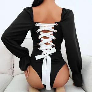 8R323 Sexy Femmes longue/manches courtes bouffantes body Dos Nu Femmes Combinaisons Barboteuses avec bandage personnalisé string body