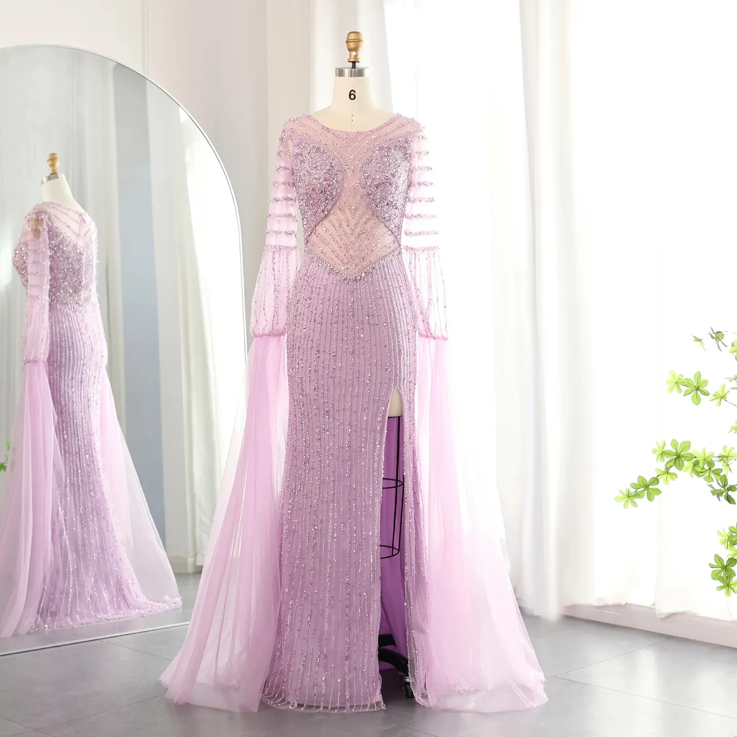 หรูหราดูไบนางเงือก Lilac ชุดราตรีพร้อมแขนเสื้อ Slit Elegant Sage สีเขียวผู้หญิงงานแต่งงานชุด Sz178-2