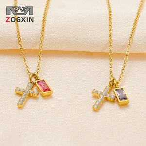 Zogxin <b>Cross</b> Pendant Necklace Gold <b>Chain</b> With Zircon Bezel Setting Daily Wear Gift Jewelry - Product Image 1