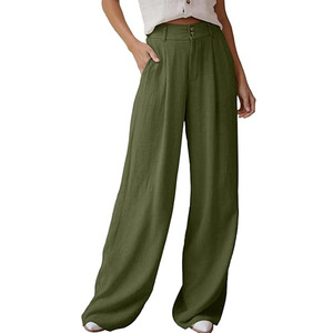 Pantaloni larghi da donna in <span class=keywords><strong>lino</strong></span> di cotone Casual pantaloni larghi a <span class=keywords><strong>vita</strong></span> <span class=keywords><strong>alta</strong></span> a gamba dritta - Product Image 3