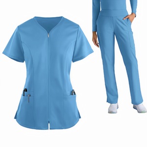 Women <b>Scrub</b> Set Solid Color V Neck Short Sleeve Polyester Hospital Uniforms with Front Zip and Pockets for Medical Workwear - Product Image 4
