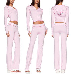 Huili ชุดเสื้อผ้า2ชิ้นสำหรับผู้หญิงเสื้อและกางเกงกีฬารัดรูปมีซิปมีฮู้ดเนื้อผ้านุ่มระบายอากาศได้ดี - Product Image 3