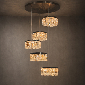 Modern 5 Tier Crystal Pendant <b>Light</b> Black Metal Frame Long Stair <b>Chandelier</b> For Duplex Hall Interior Decoration - Product Image 1