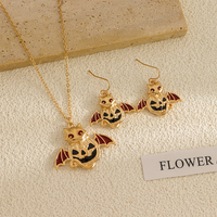 Parure de bijoux pour femme style néo-gothique pour fête d'Halloween, collier et boucles d'oreilles en alliage de zinc avec pendentifs chat, citrouille et chauve-souris