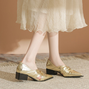 Escarpins à bout pointu avec bride en X et talon carré, style rétro, pour femme, en cuir véritable léger, couleur unie, avec nœud décoratif 635-9 - Product Image 2