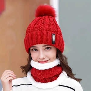 Wholesale Warm Winter Skullies Knitted <b>Hat</b> <b>Women</b> Brand High Quality Ball Ski Wool <b>Fur</b> Pompoms <b>Hats</b> Scarf - Product Image 4