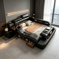 Lit intelligent multifonctionnel en cuir de luxe moderne avec rangement Tatami, cadre de lit rembourré réglable pour tailles double, queen et king