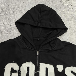 Fabricant 420 Gsm Sun Faded Acid Washed Logo personnalisé Broderie en détresse Patchwork Sweat à capuche avec fermeture éclair et strass - Product Image 2