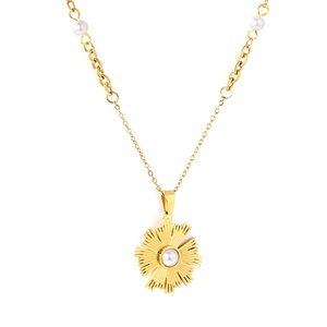 Joyería de Moda, Collar de Cadena de Acero Inoxidable Chapado en Oro de 18K con Colgante de Perla y Flor para Mujer - Product Image 1
