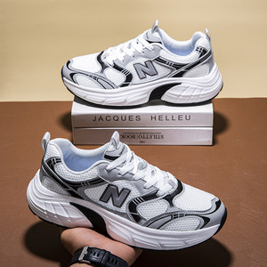 Chunky <b>Sneakers</b> White Black Mesh Rubber Sole Cushioned Unisex Sport <b>Shoes</b> - Product Image 1