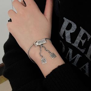 S925 Pure Silver Chinese Style Engraved <b>Bracelet</b> For Women <b>Adjustable</b> Tank Chain Jewelry Everyday Wear - Product Image 3