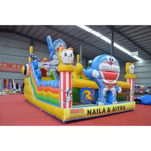 commercial Doraemon New design inflatable dry slide inflatable bouncy castle ground slide for kids outdoor playing