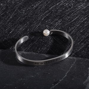 Simple Engraved <b>Cuff</b> <b>Bracelet</b> <b>Silver</b> Pearl 316 Titanium Steel Unisex Gift Jewelry - Product Image 1